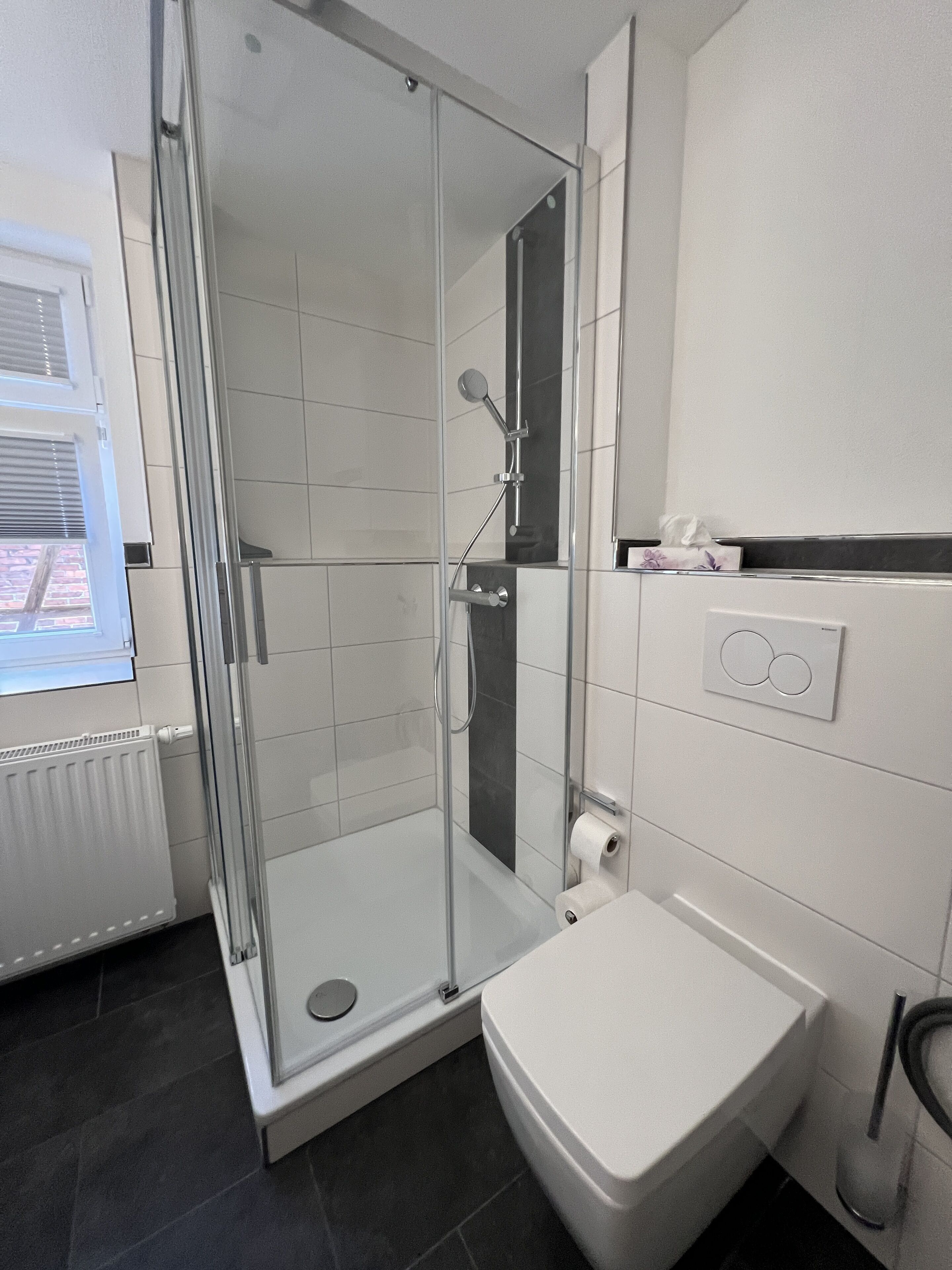 Dusche, Haartrockner, Handtücher, Toilettenpapier