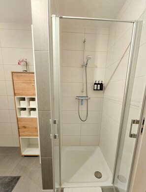 Dusche, Haartrockner, Handtücher, Seife