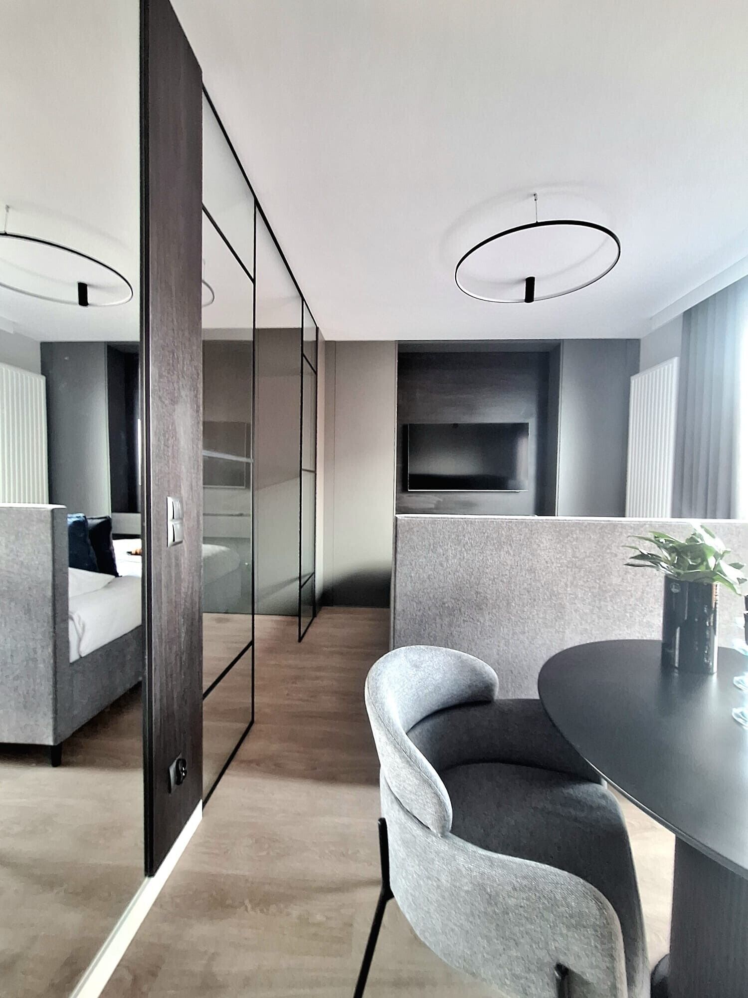 A modern, open-plan living area with a sofa, a dining table, and a chair. There is a glass partition separating the living space from another room.