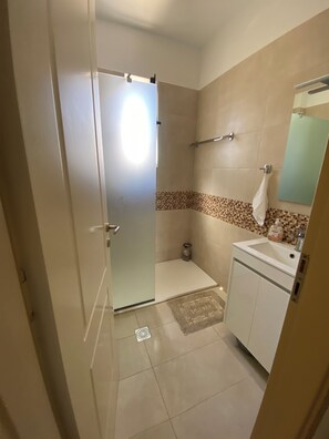 Shower, hair dryer, towels