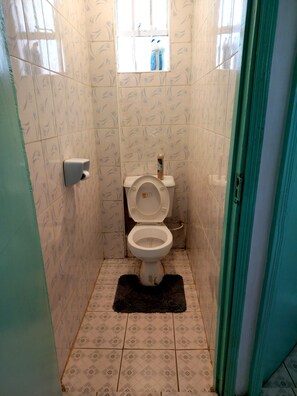 Shower, towels, soap, toilet paper