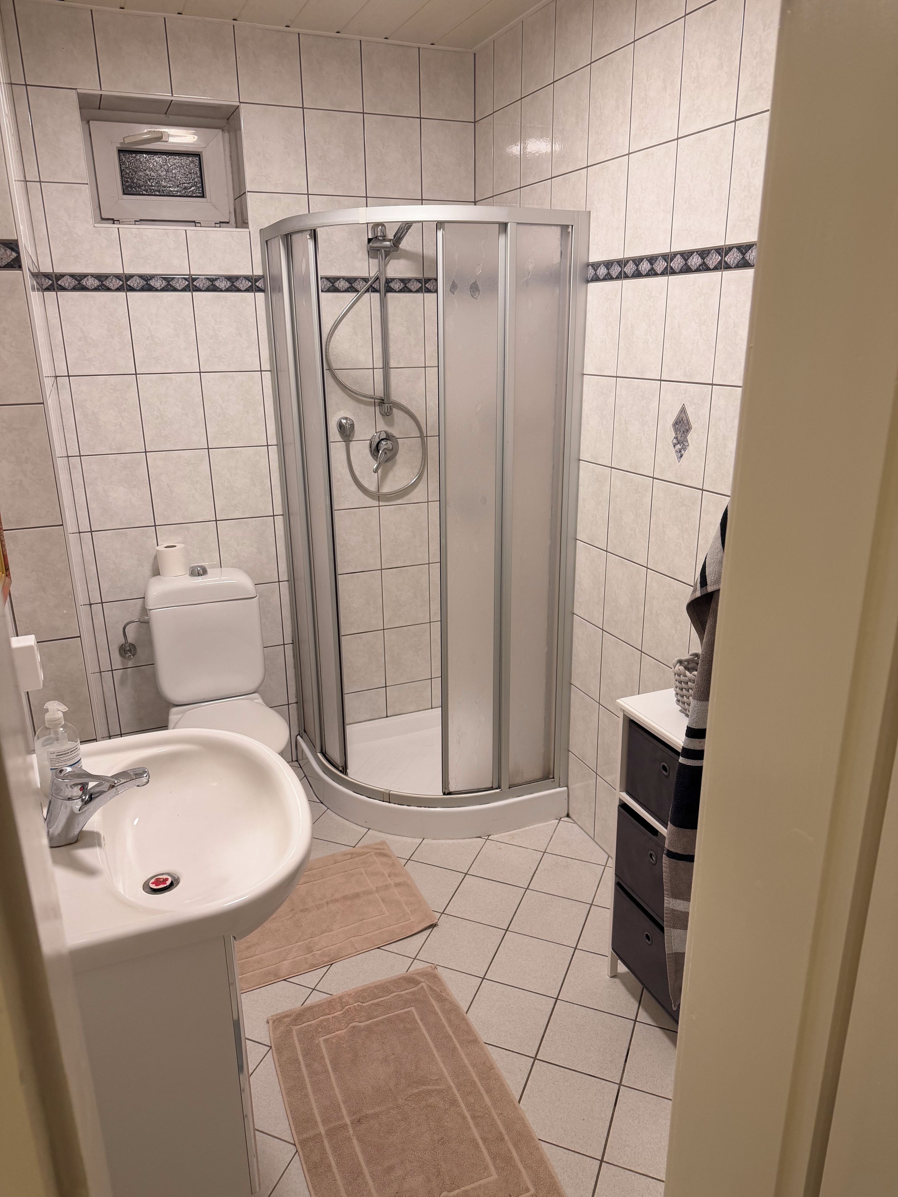 Dusche, Haartrockner, Handtücher, Toilettenpapier