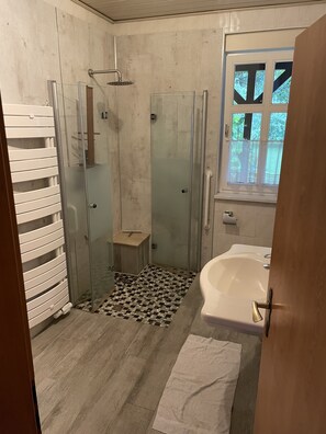 Chuveiro, secador de cabelo, toalhas de banho, papel higiênico