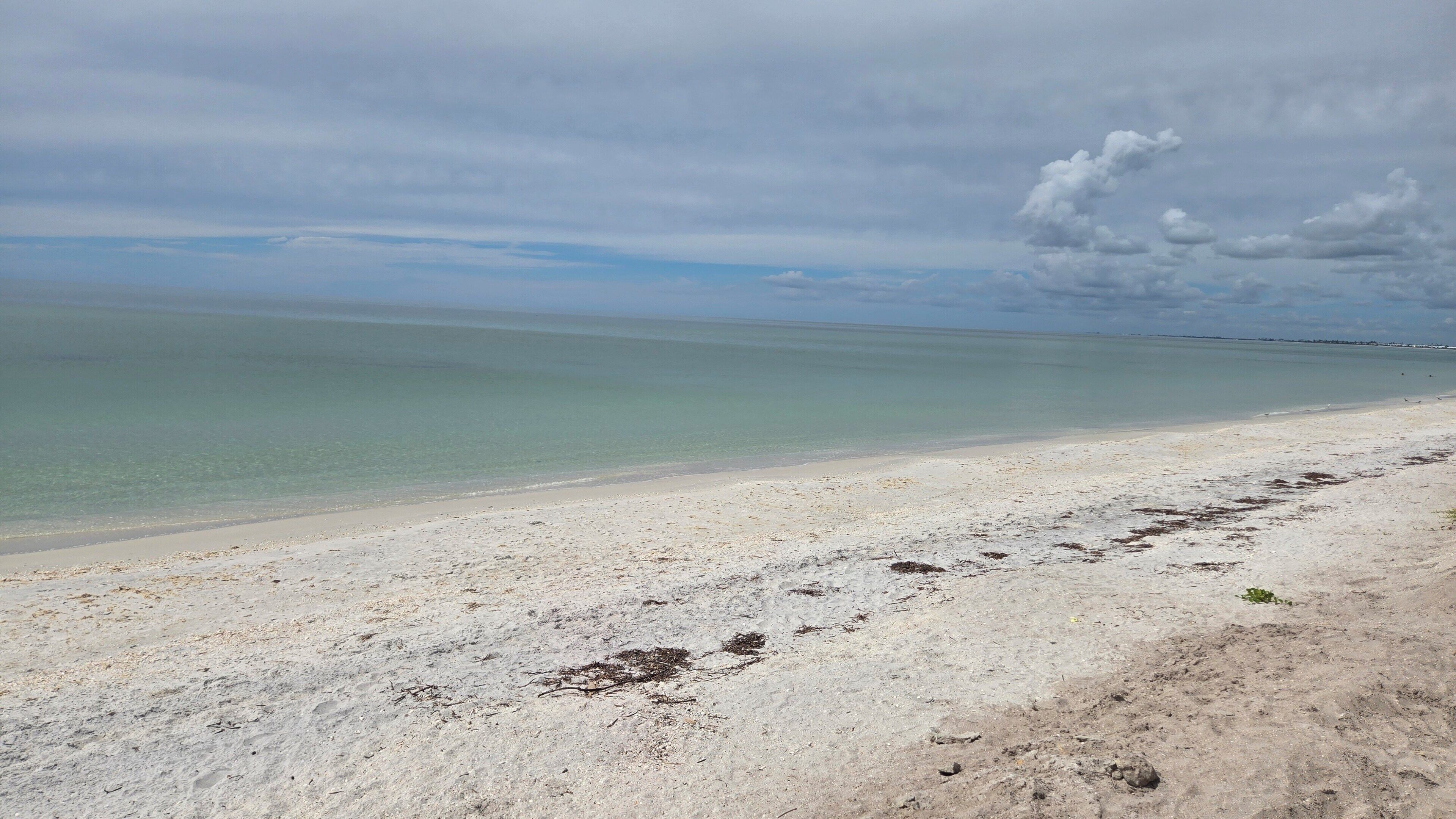 Ein Strand mit sandigem Ufer und ruhigem Wasser.