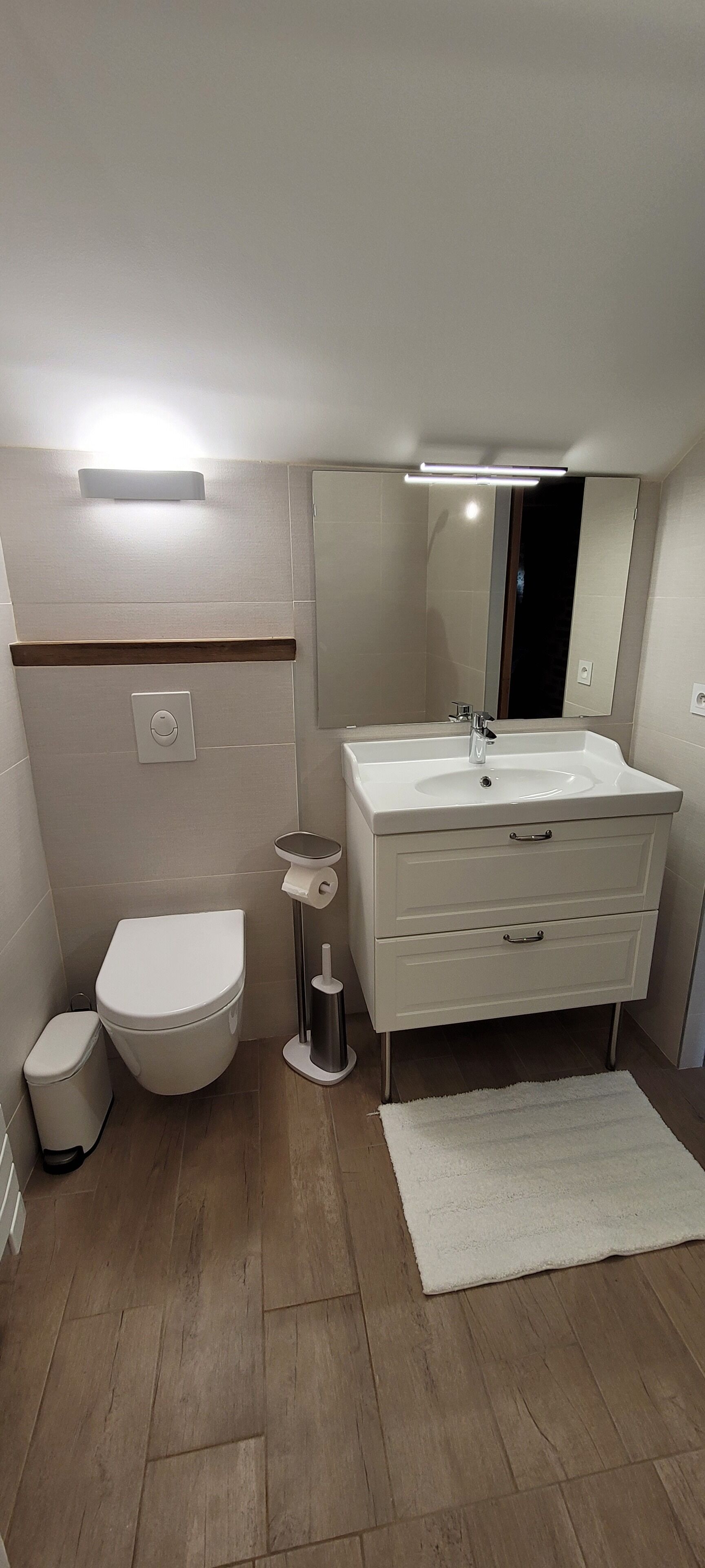 A modern bathroom with a toilet, sink, and mirror.