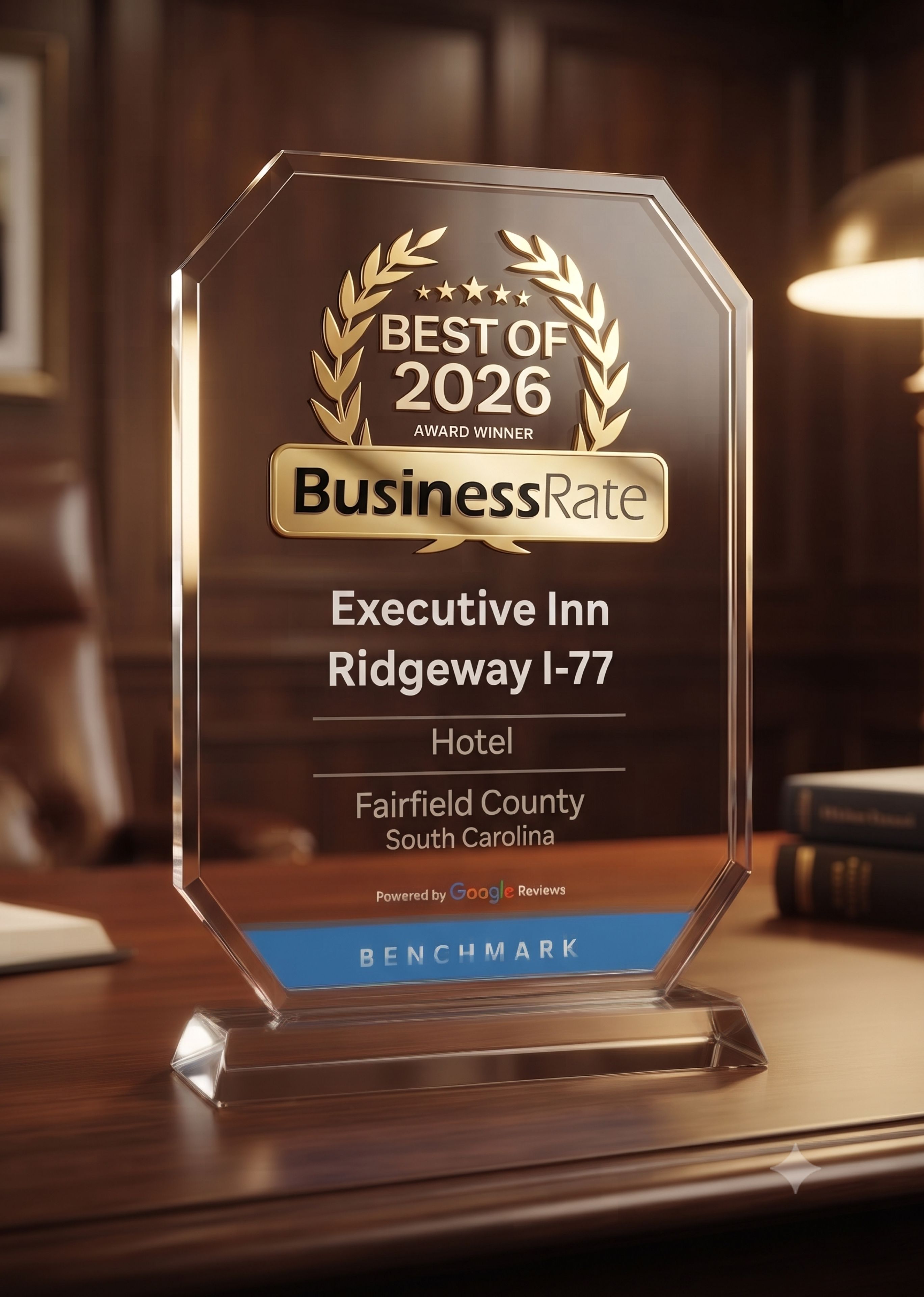 A clear award plaque for the Executive Inn, Ridgeway I-77, Hotel, Fairfield County, South Carolina, powered by Google Reviews, and labeled as a Benchmark.