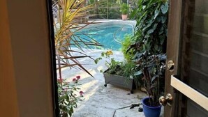 An outdoor area with a swimming pool, surrounded by potted plants and a pergola structure.