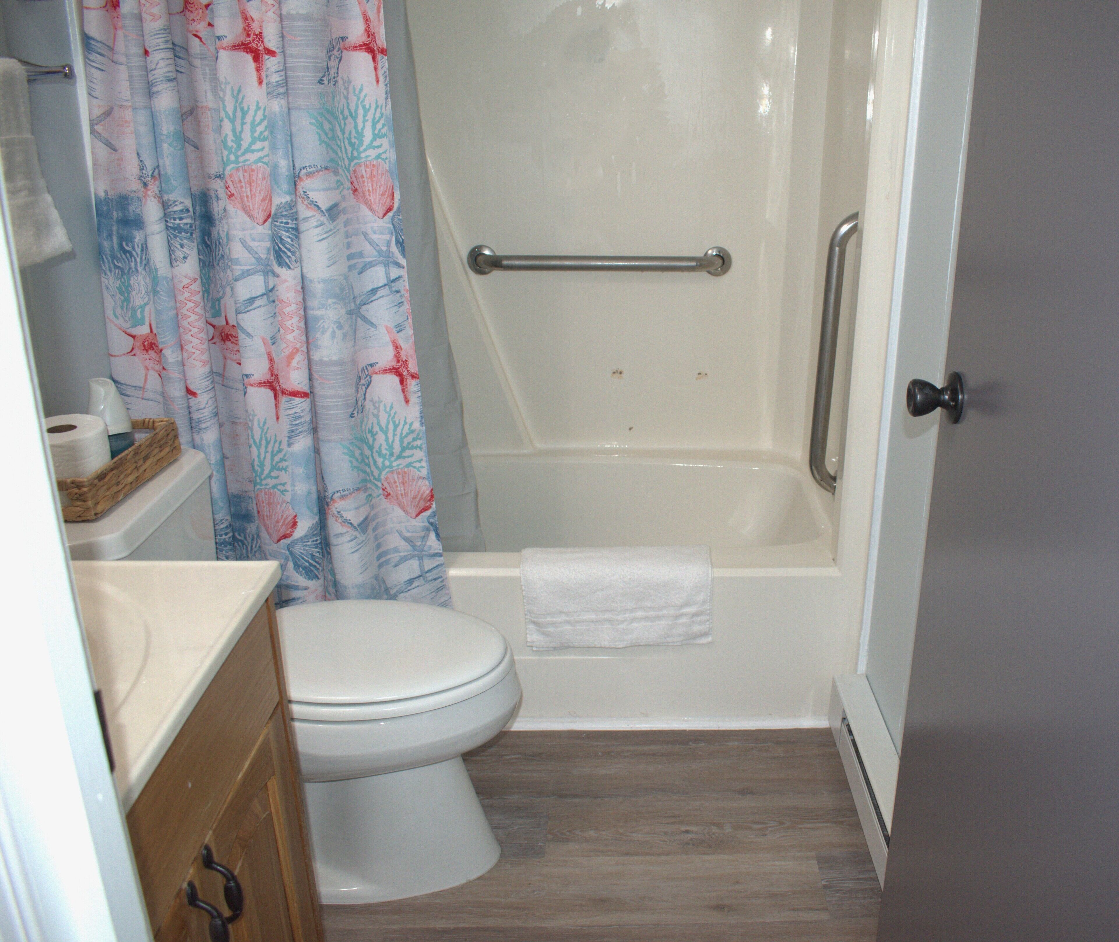A bathroom with a toilet, a shower with a grab bar, and a wooden vanity.