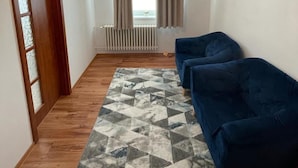 Une pièce avec un plancher en bois, un canapé bleu et un tapis à motifs.