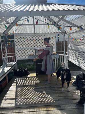 A covered outdoor area with a grill, a dog, and a person.