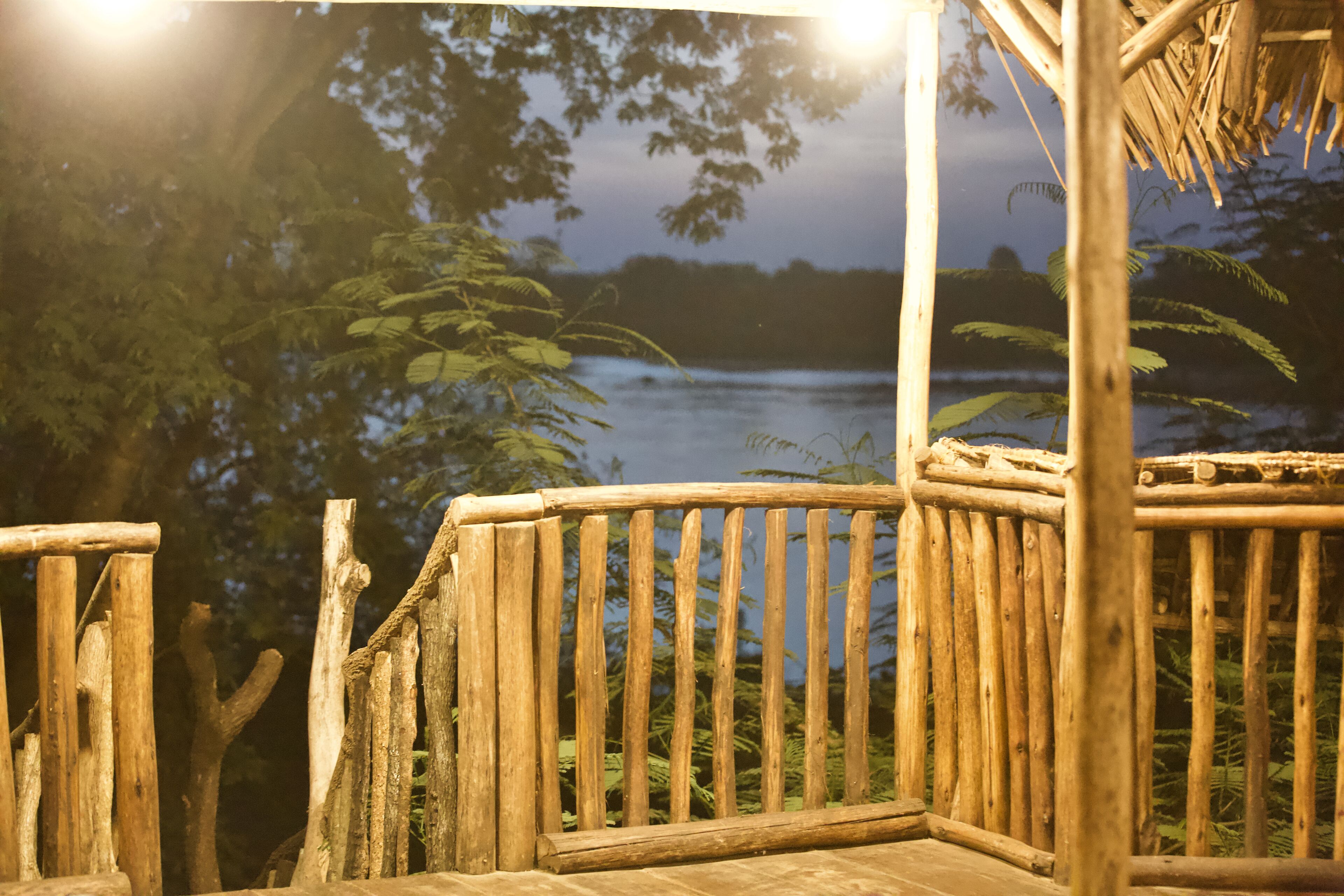 A wooden deck with a railing overlooking a body of water, surrounded by foliage.