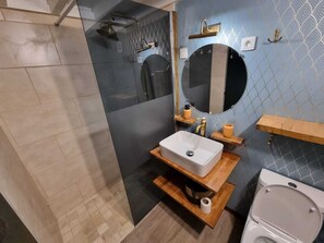 Douche, sèche-cheveux, serviettes fournies, papier toilette
