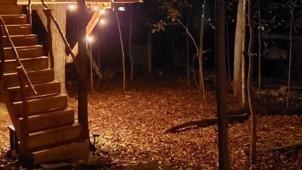 A wooden cabin with a staircase leading to a deck, surrounded by trees and covered in fallen leaves. - Private East Tennessee Glamping Cabins in a Treehouse Campground Pet Friendly (Grandview)