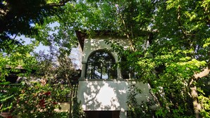 Un edificio con una ventana arqueada central, rodeado de follaje denso.