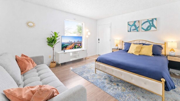 A modern bedroom with a bed, a sofa, a TV, and a window. - Central Hyde Park studio close to UT, Moody Center (Austin)