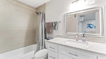 Shower, hair dryer, towels, toilet paper