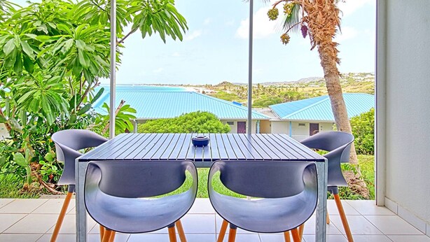 A dining area with a table and chairs, a view of a coastal landscape, and a palm tree.
