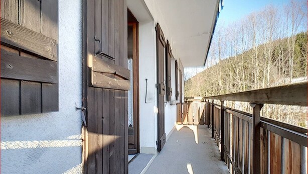 A narrow corridor with wooden doors and a balcony overlooking a forested area.
