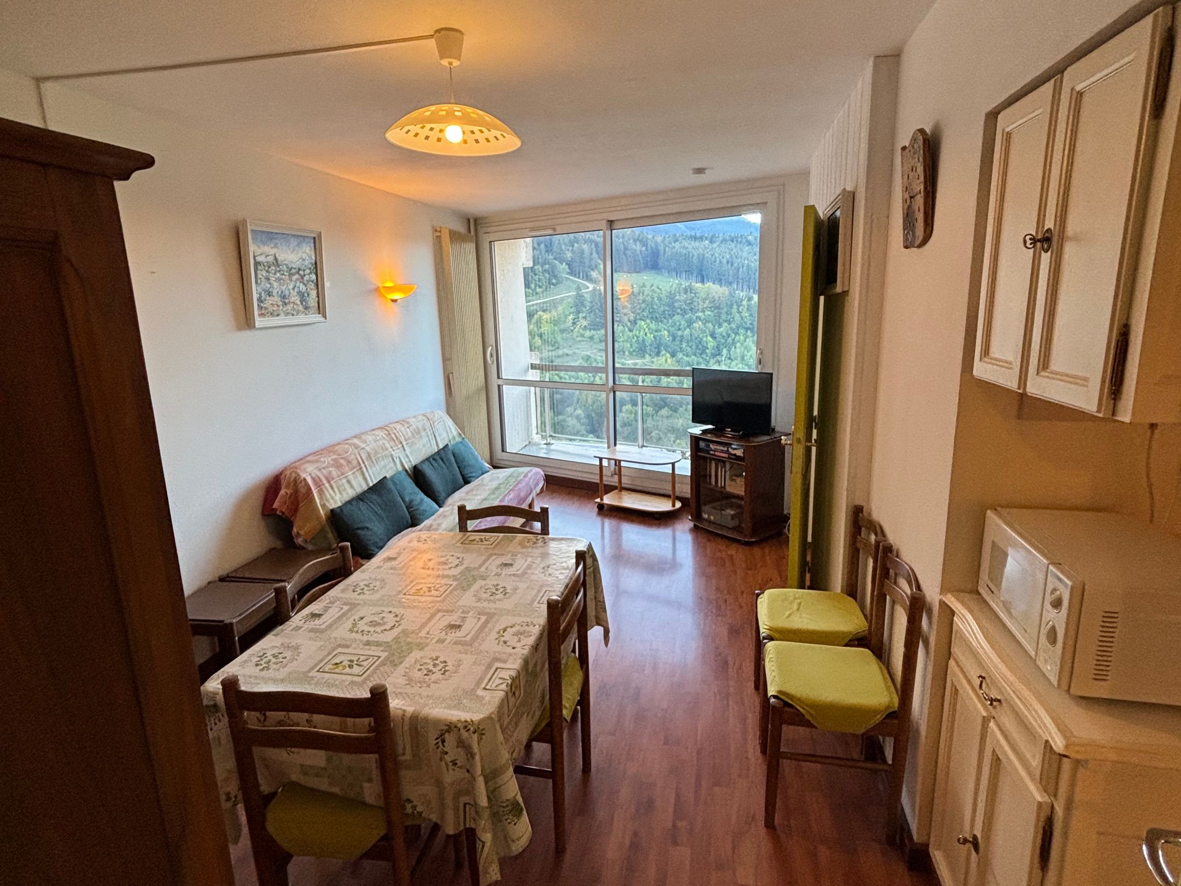 A cozy living area with a sofa, dining table, chairs, a television, and a large window offering a view of a forested landscape.