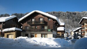 A wooden chalet with a balcony, surrounded by snow-covered trees and a clear sky. - 3 bedrooms, private parking, Wi-Fi, Les Gets (Les Gets)