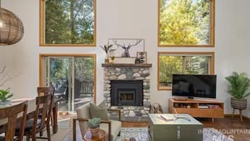 Smart TV, fireplace, books, music library