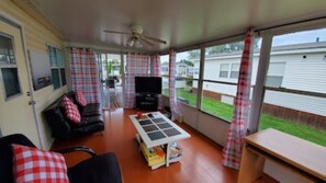 Smart TV, fireplace, video games, DVD player