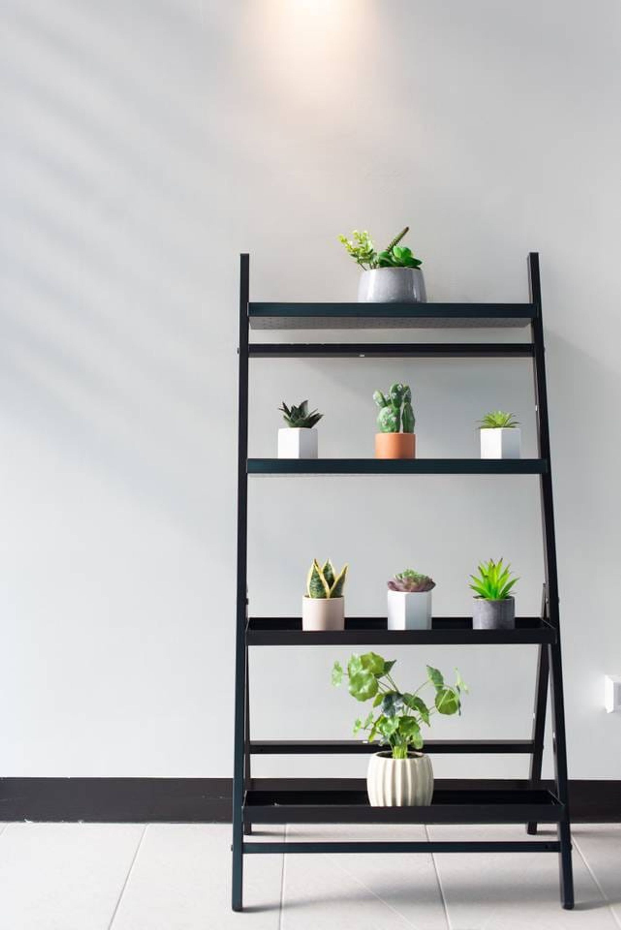 A black metal plant stand with multiple shelves against a plain wall.