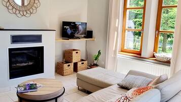 Televisión, chimenea, futbolito y tenis de mesa