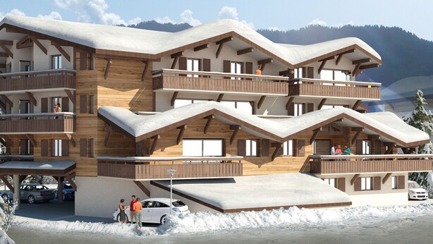 Un chalet à plusieurs étages, doté de balcons en bois, avec une piste de ski en arrière-plan.