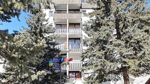 Un edifici de diversos pisos amb balcons, envoltat d'arbres de fulles perennes.