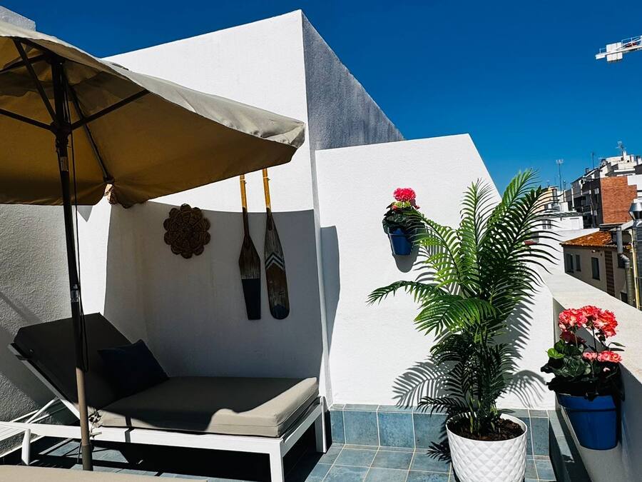 A rooftop terrace with a sun lounger, a table, a hanging chair, a potted plant, and a wall-mounted shelf with flowers.