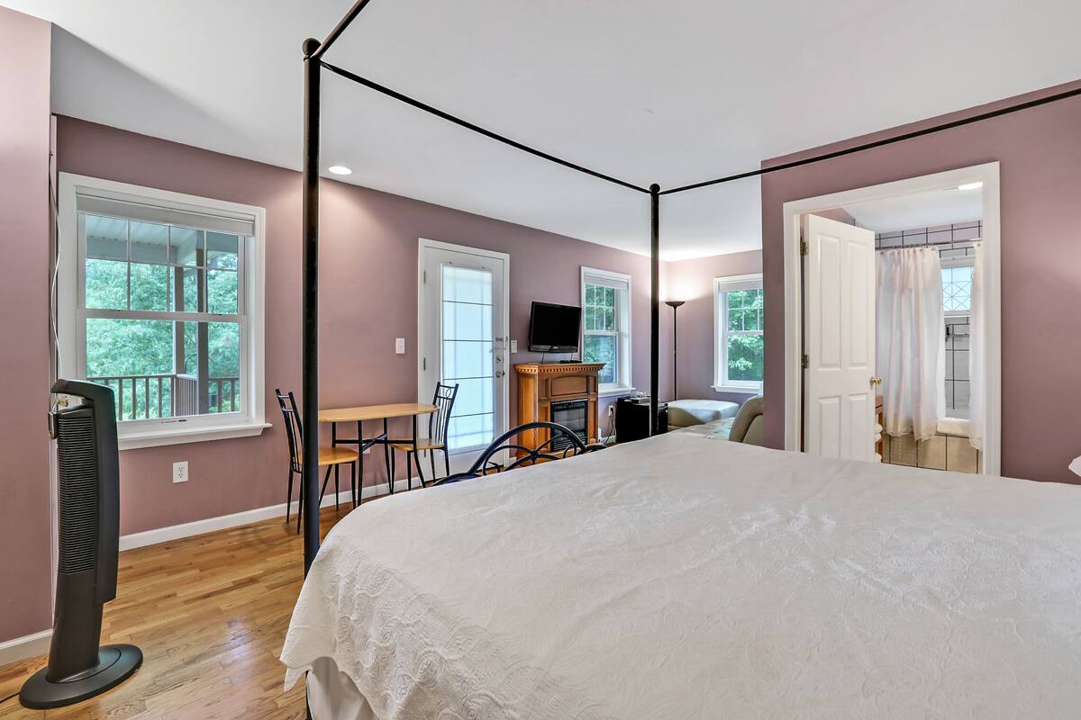 A bedroom with a four-poster bed, a desk with a chair, a television, and a fireplace.