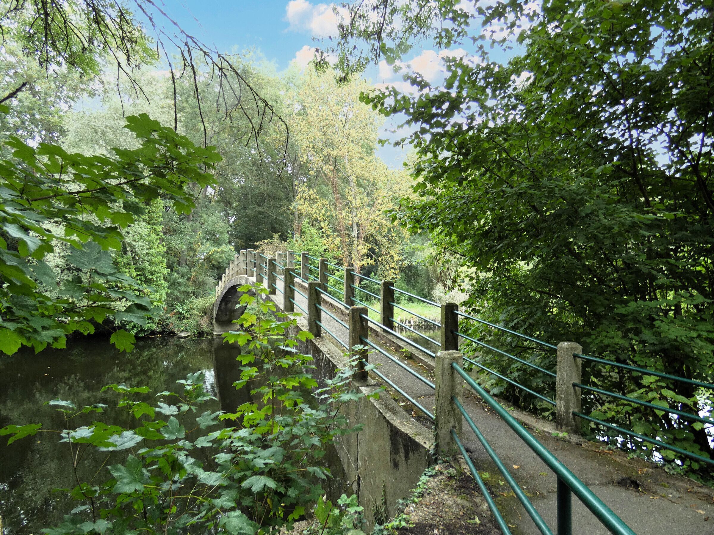 A stone bridge over a river with railings, surrounded by dense greenery.