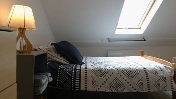 A small, cozy bedroom with a bed, a nightstand, a lamp, and a skylight.