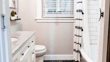 Hair dryer, towels, soap, shampoo