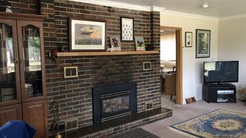 Smart TV, fireplace, DVD player, books