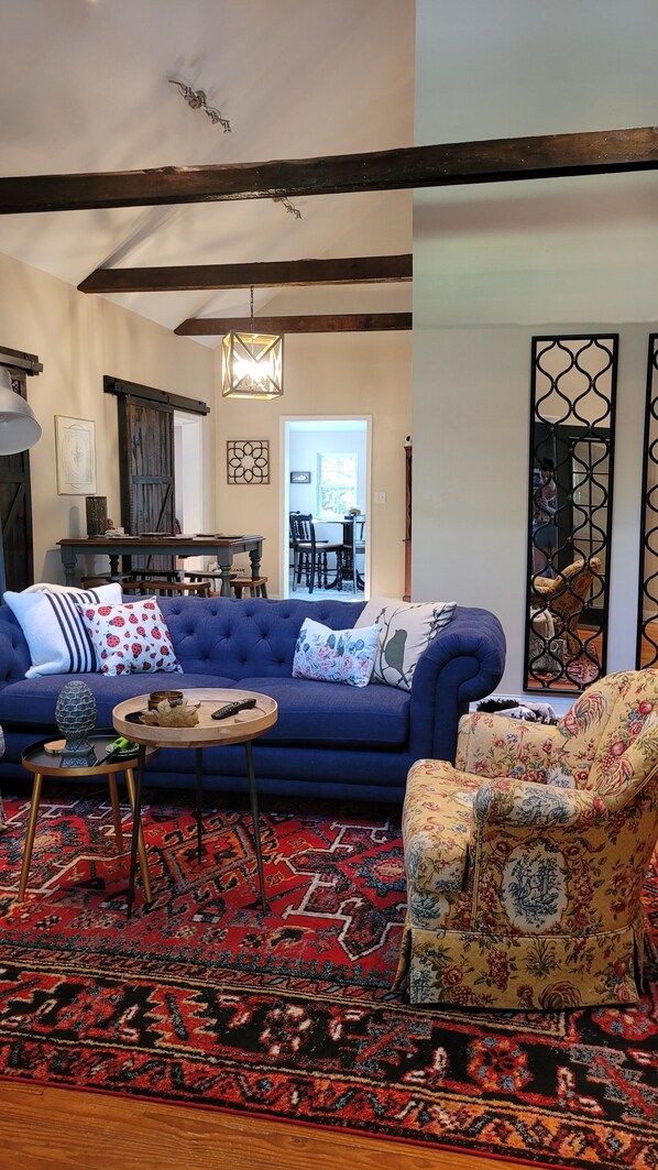 Smart TV, fireplace, books