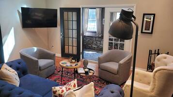 Smart TV, fireplace, books