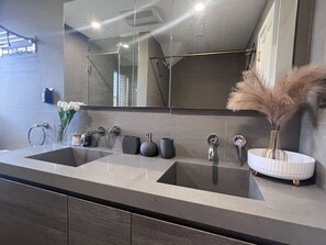 Shower, hair dryer, bidet, towels