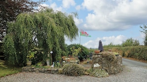 Een tuin met een treurwilg, een stenen muur en een vlag.