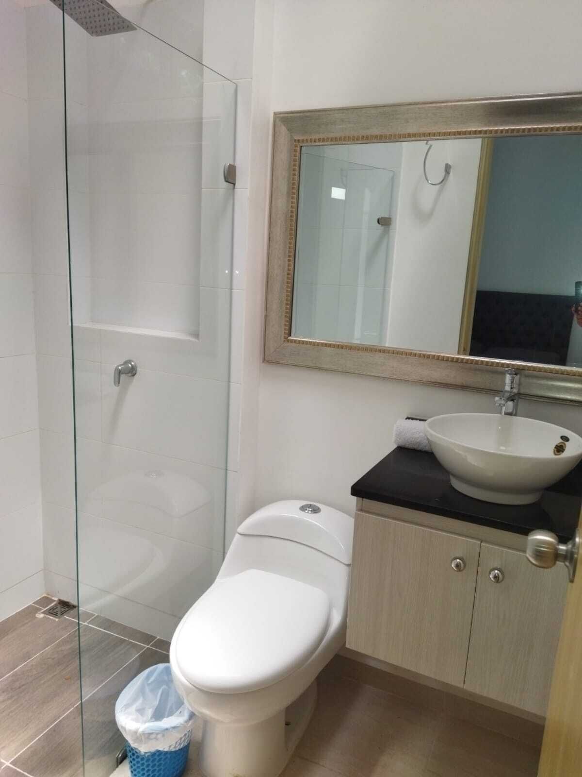 A bathroom with a glass shower enclosure, a white toilet, a sink with a mirror above it, and a trash bin.
