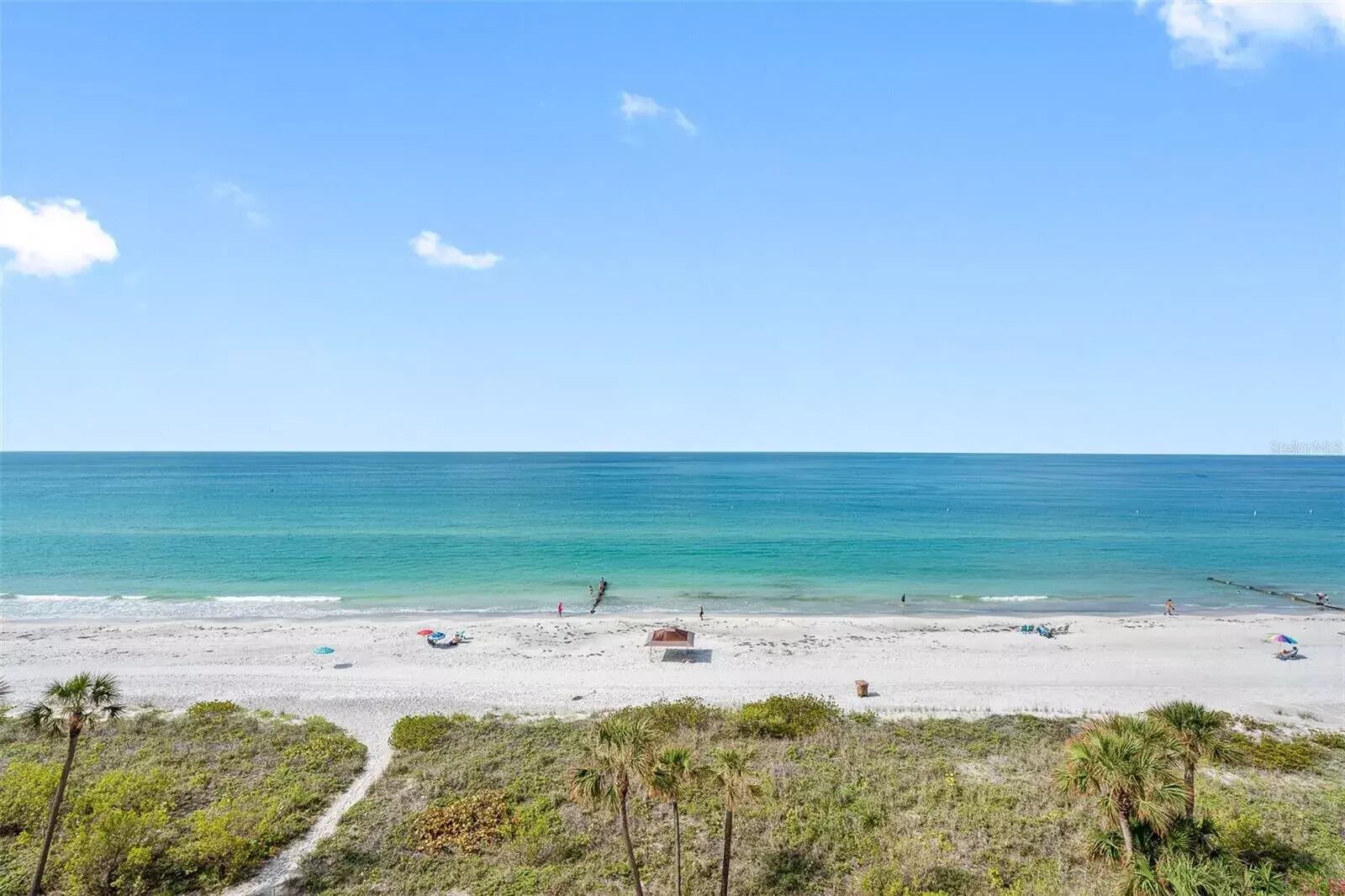 Une plage avec un ciel dégagé, une mer calme et une végétation clairsemée au premier plan.