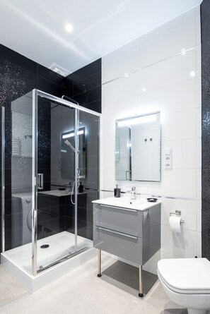 Dusche, Haartrockner, Handtücher, Toilettenpapier