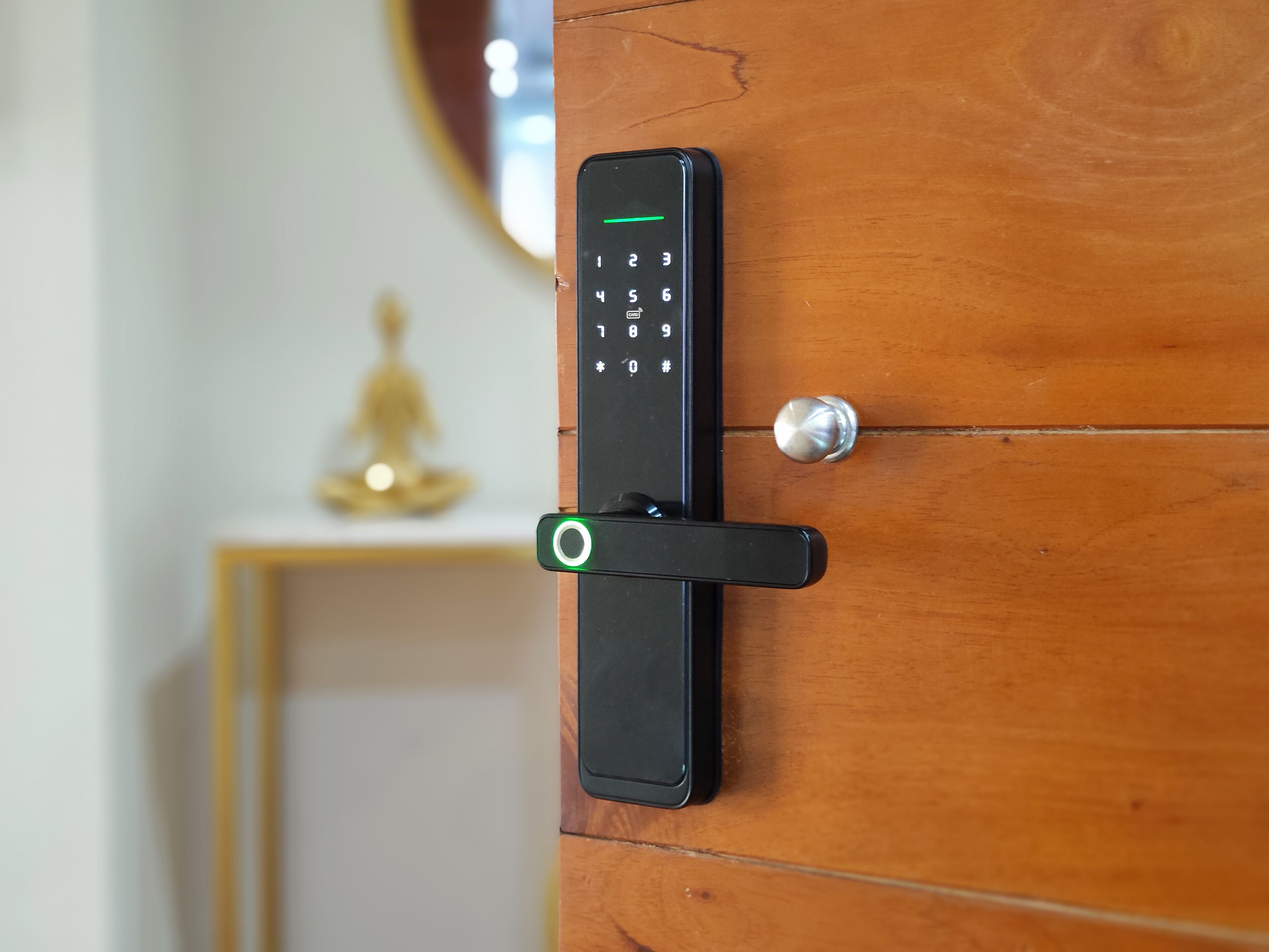 Een moderne deur met een digitaal keypad-slot.