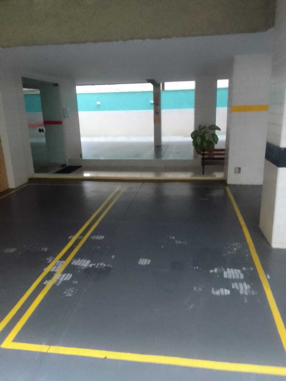 Un aparcament amb espais delimitats i una planta al centre.