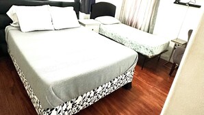 Habitación de hotel con una cama, un escritorio, una silla, un ventilador de techo y un televisor.