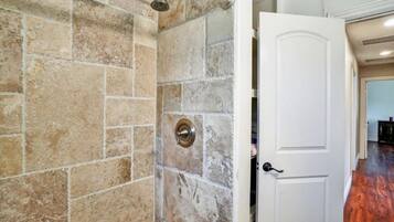 Hair dryer, towels, soap, shampoo