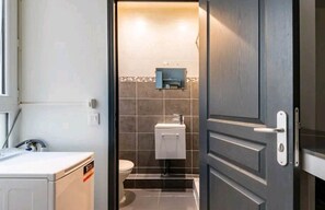 Hair dryer, towels, toilet paper