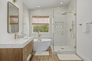 Shower, hair dryer, towels, soap - Stunning Mid Century Modern - Temecula Wine Country Oasis - Pool-Spa-Game Room-  (Winchester)