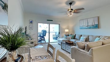 Condo, Multiple Beds, Balcony, Partial Ocean View (Unit G - No Pets Allowed) | Living area